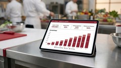 Tablet con gráficos de rentabilidad y gestión de costos operativos sobre una mesa de cocina industrial, representando el control financiero en un restaurante moderno.