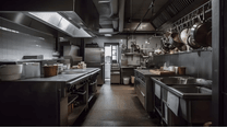 Cuánto cuesta alquilar una cocina fantasma: Cocina gris plomo, la cocina está vacía, bien iluminada, con extractores, fregaderos y estufas y sartenes por todas partes.
