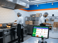 Equipo de cocina oculta moderno y organizado utilizando un sistema POS (punto de venta) para gestionar órdenes de delivery, ilustrando la guía paso a paso para montar una dark kitchen en 2025.