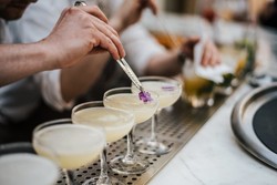 Dos vasos altos de cocteles con pisco, decorados con rodajas de lima y hojas frescas de menta. Rodeados de cubos de hielo y limas cortadas, están dispuestos sobre una superficie oscura que resalta los colores vibrantes de la bebida y los ingredientes