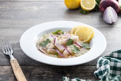 Un plato de ceviche de pescado servido en un plato blanco. El ceviche está decorado con rodajas de cebolla morada, hojas de cilantro y dos rodajas de limón amarillo en el borde del plato.